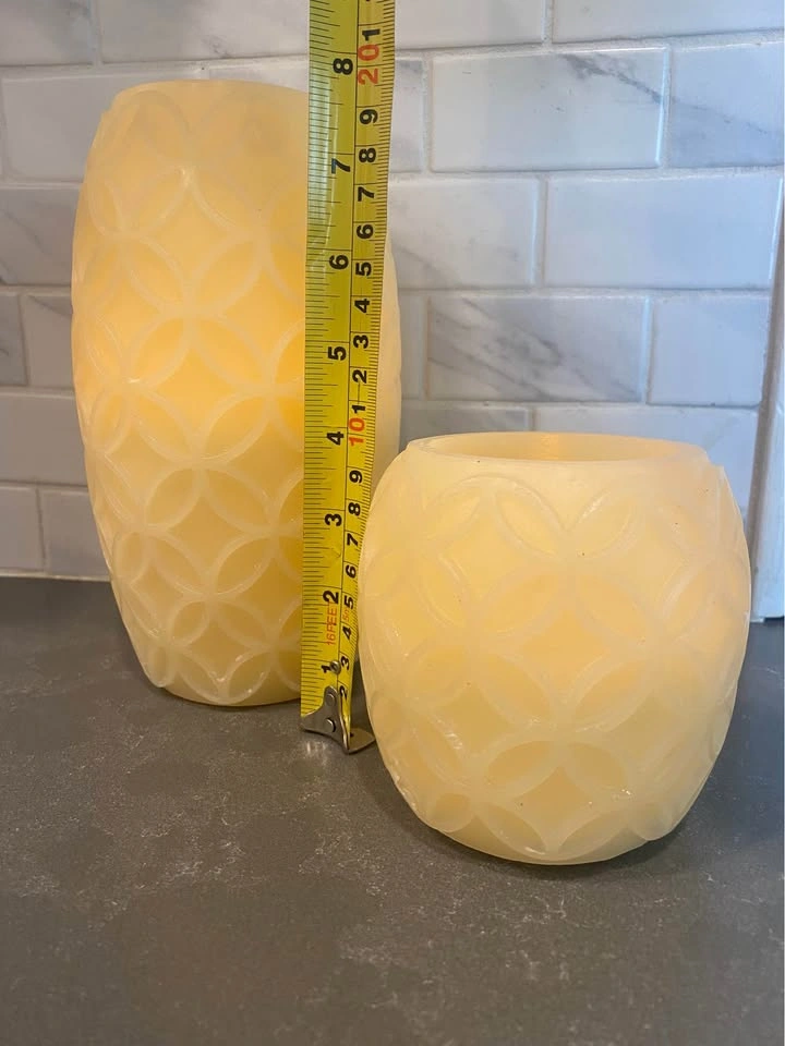 Creamy Almond Coloured LED Flameless Patterned Wax Pillar Candle - photo 4