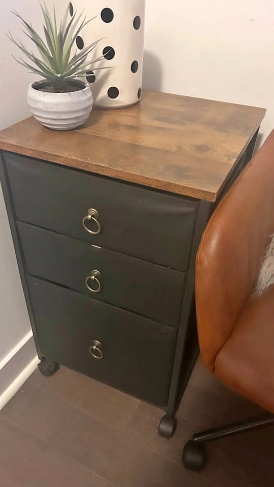 Rolling File cabinet, faux wood top, black metal frame