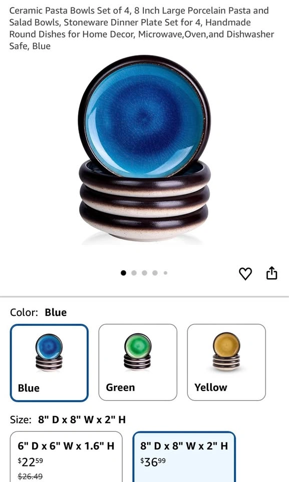 8” Ceramic Pasta Bowls Set of 4 (Blue)