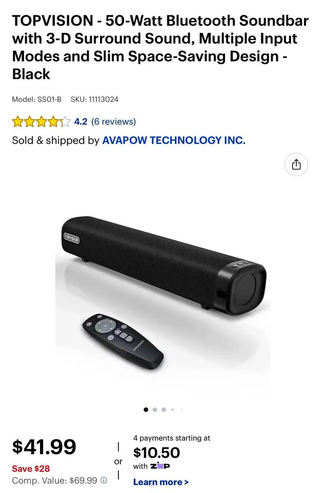 50W Bluetooth Soundbar with Subwoofer, 3D Surround Sound System