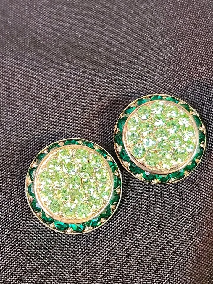 MCM Uranium Glass Rhinestone Clip-ons - Signed Lisner