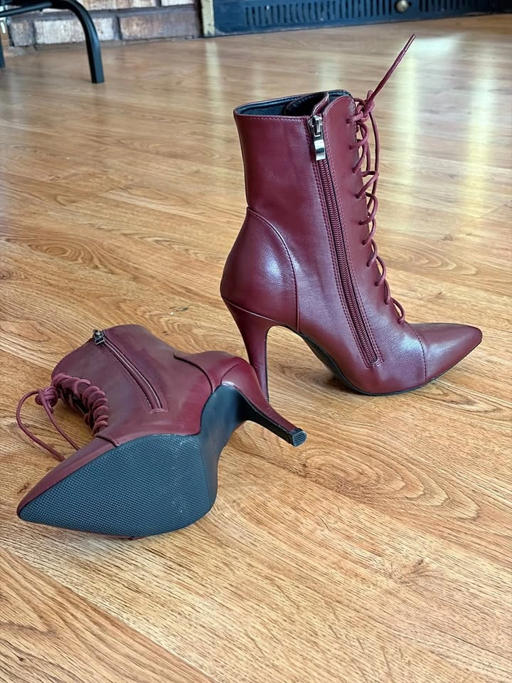 Burgundy Lace-up Stiletto Ankle Boots - Size 38 - Brand New