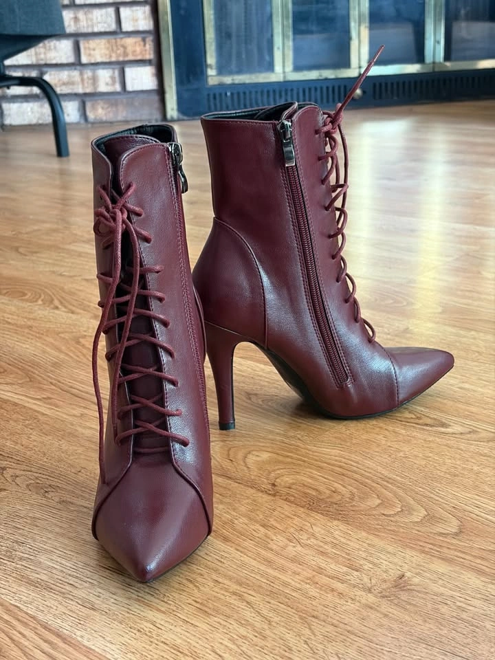 Burgundy Lace-up Stiletto Ankle Boots - Size 38 - Brand New - photo 2