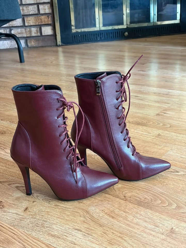 Burgundy Lace-up Stiletto Ankle Boots - Size 38 - Brand New - photo 3