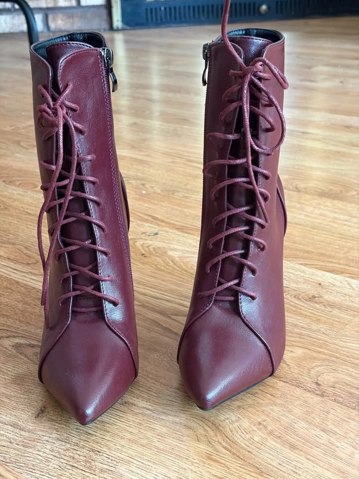 Burgundy Lace-up Stiletto Ankle Boots - Size 38 - Brand New - photo 4