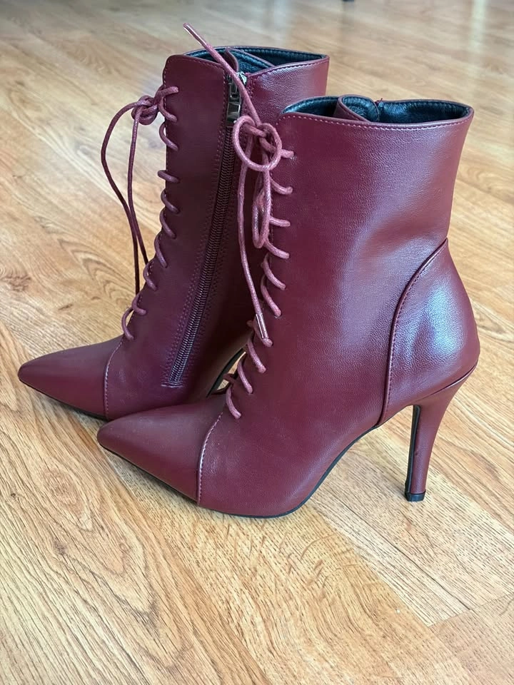 Burgundy Lace-up Stiletto Ankle Boots - Size 38 - Brand New - photo 5