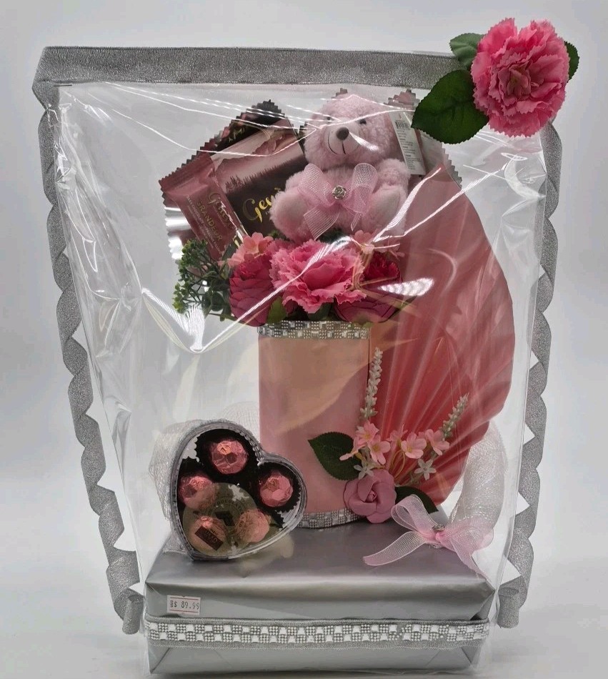 Red Flower Pink Chocolates Gift Basket
