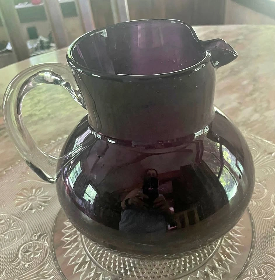 LOVELY DEEP AMETHYST PITCHER W CLEAR GLASS HANDLE NEVER USED!