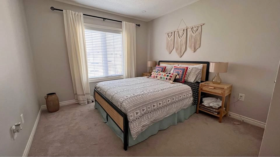 Queen steel bed frame with rattan head and foot board