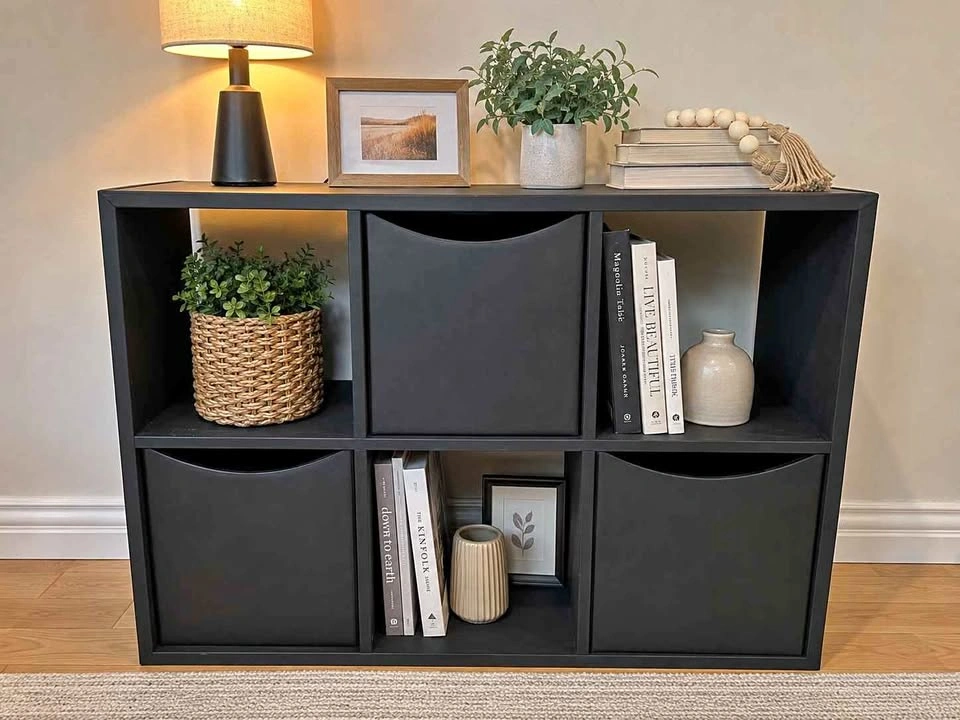 LEATHER Warped Wooden Storage Organizer w/ 3 Bins