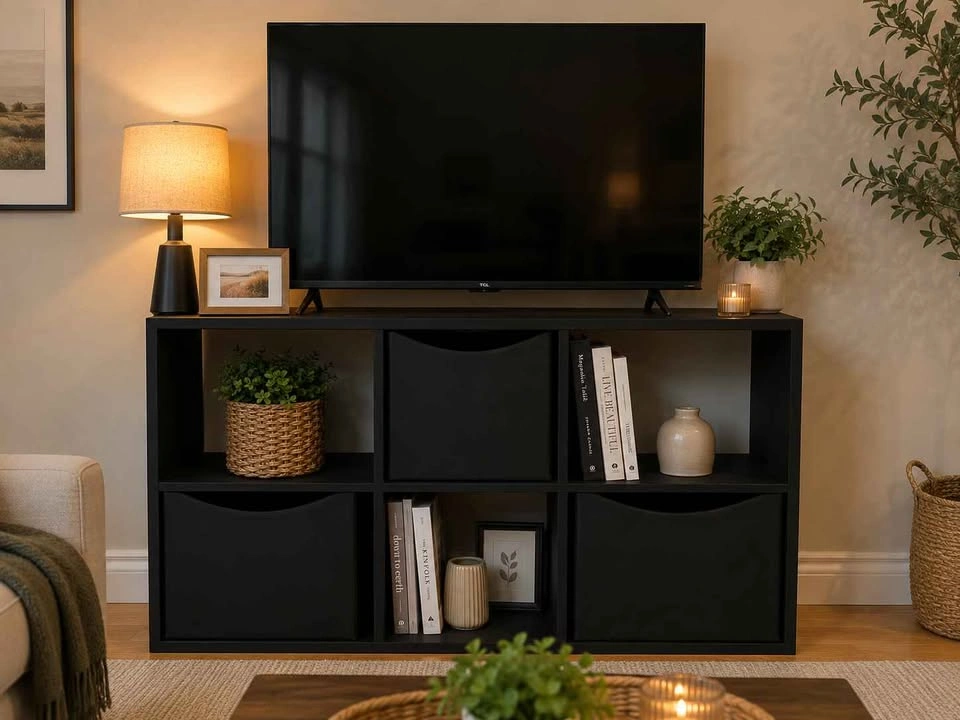 LEATHER Warped Wooden Storage Organizer w/ 3 Bins - photo 2