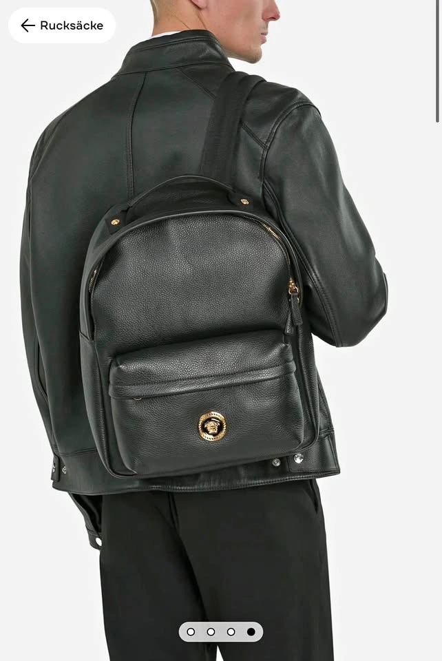 Men’s Versace, leather backpack in black with gold trim