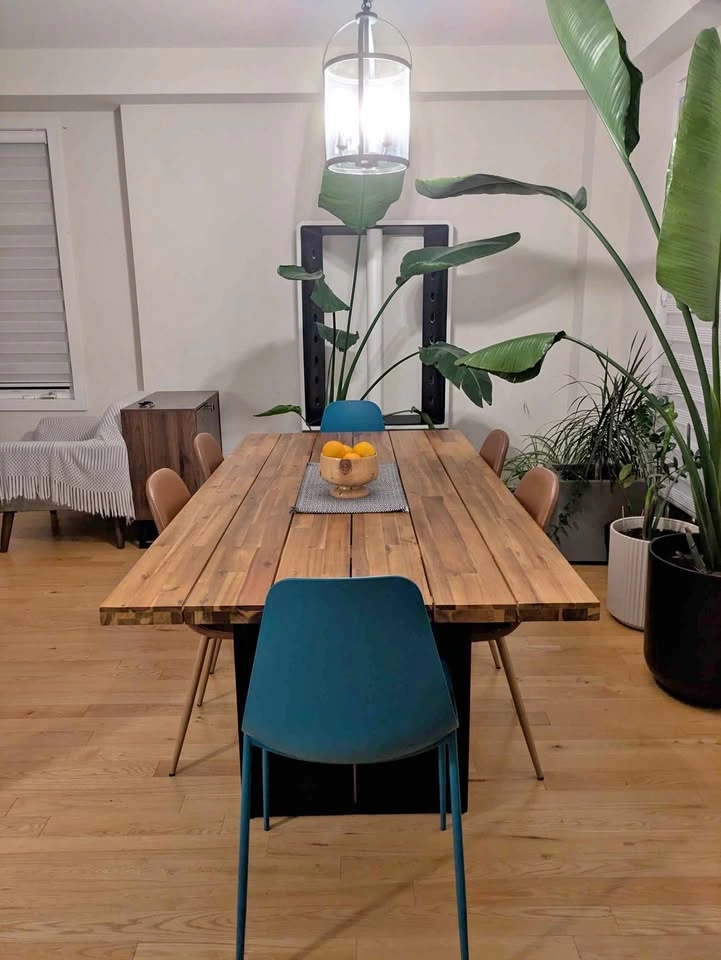 Large Six-Seat Acacia & Steel Dining Table