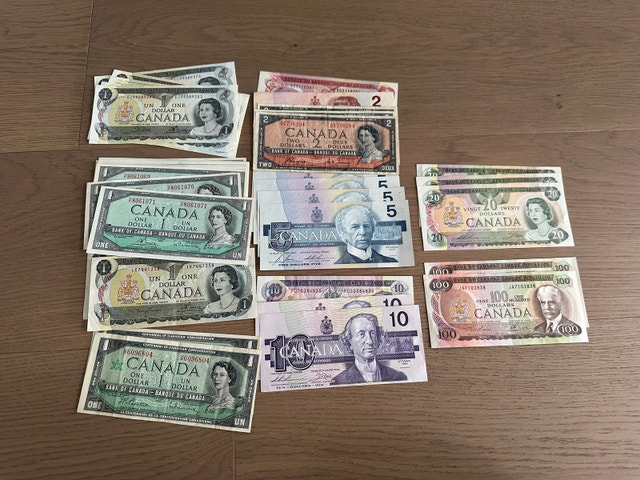 Canadian Banknote Collection $1, $2, $5, $10, $20, $100 Bills