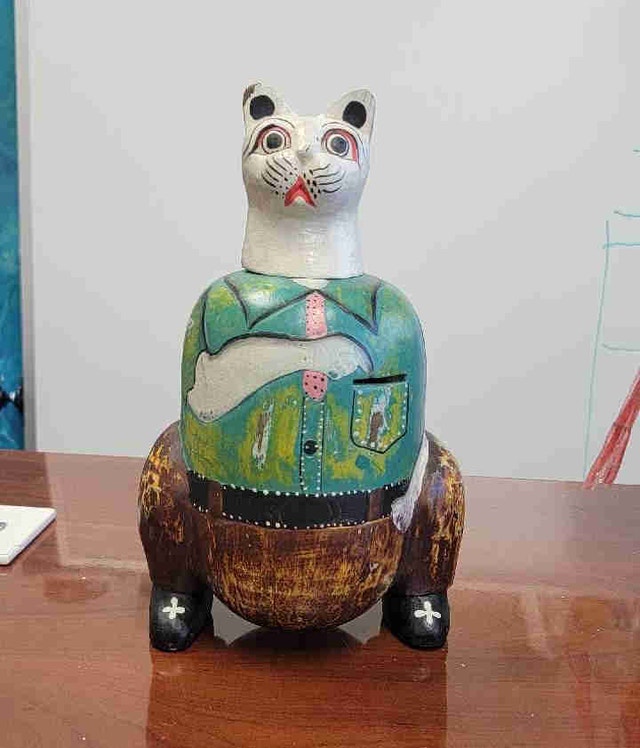 Vintage carved wooden Piggy bank - Whimsical Cat