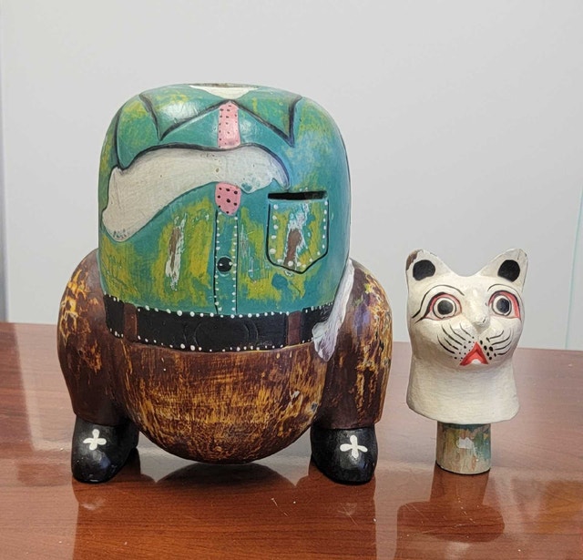 Vintage carved wooden Piggy bank - Whimsical Cat - photo 2