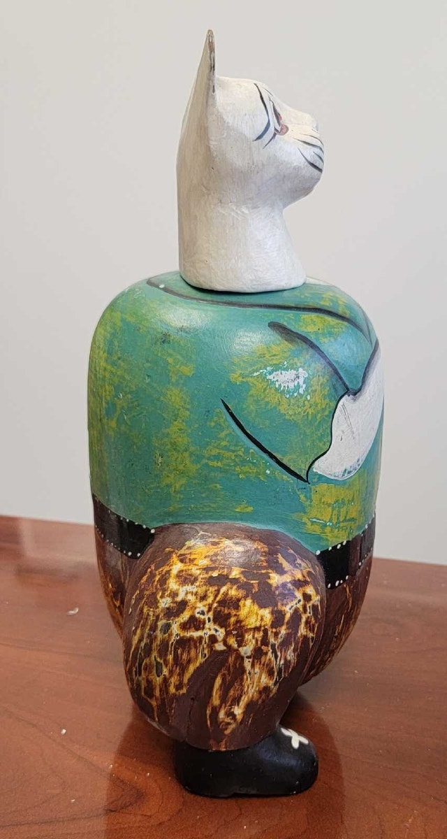 Vintage carved wooden Piggy bank - Whimsical Cat - photo 3