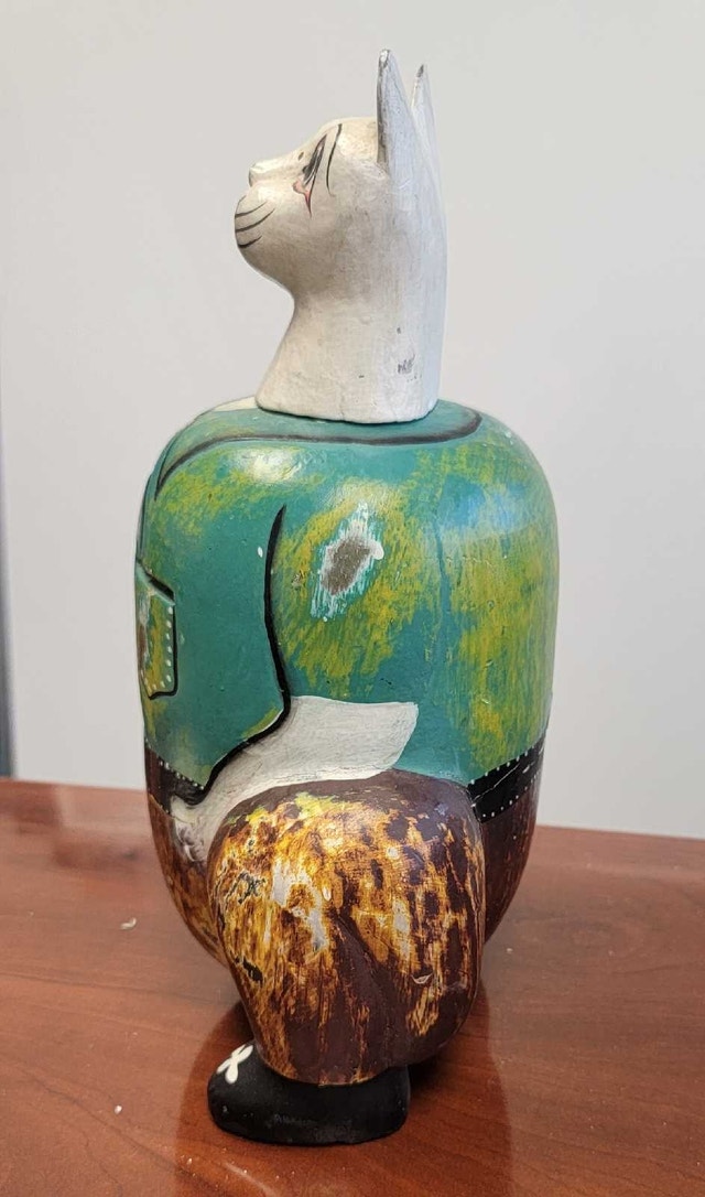 Vintage carved wooden Piggy bank - Whimsical Cat - photo 5