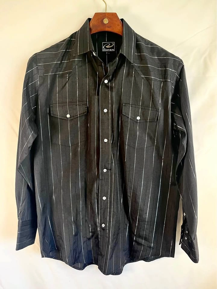 Black Roper Western Shirt with Silver Pinstripes - Men's L
