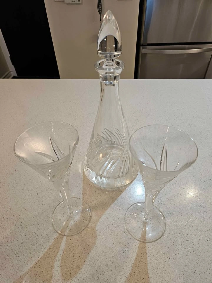 Bohemian Crystal Decanter and Two Glasses - photo 3