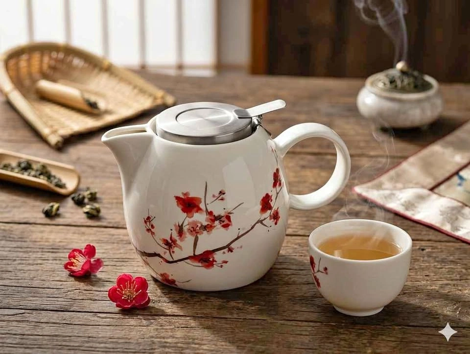 Tea Forté Ceramic Teapot with Infuser – Cherry Blossom Design