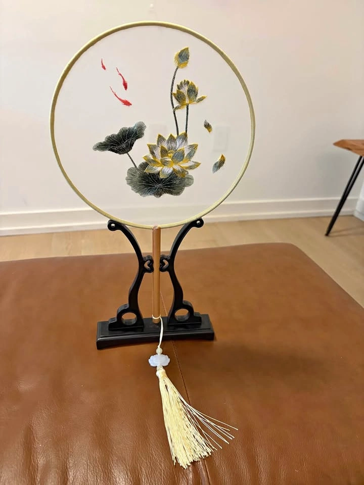 Embroidered lotus and fish decorative fan with stand