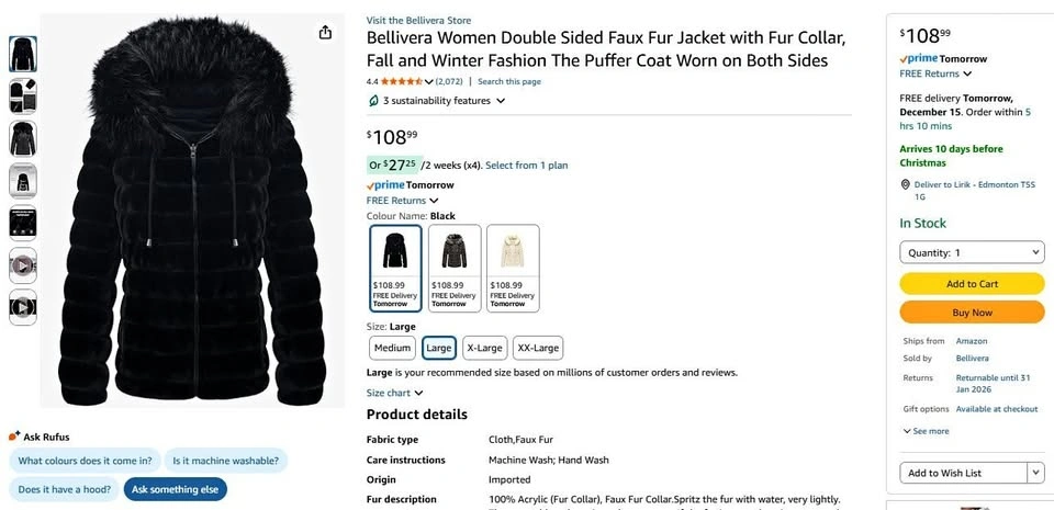 Bellivera Black Faux Fur Winter Jacket - VERY WARM!