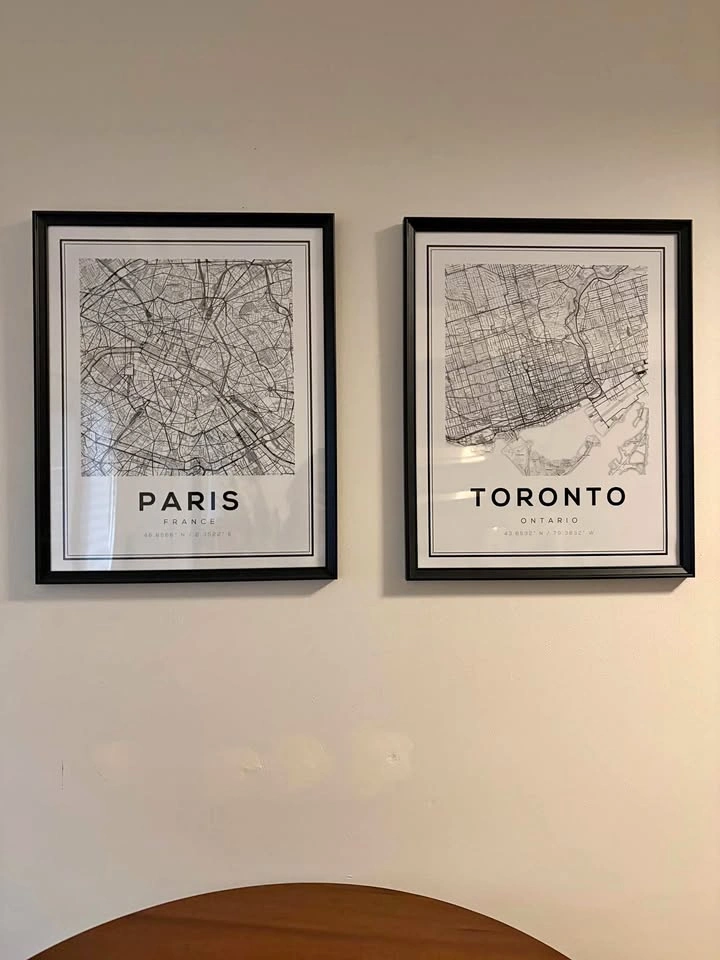 Framed Paris and Toronto Map Prints