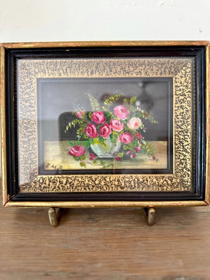 Vintage Original Floral Oil Painting – Miniature Framed Artwork