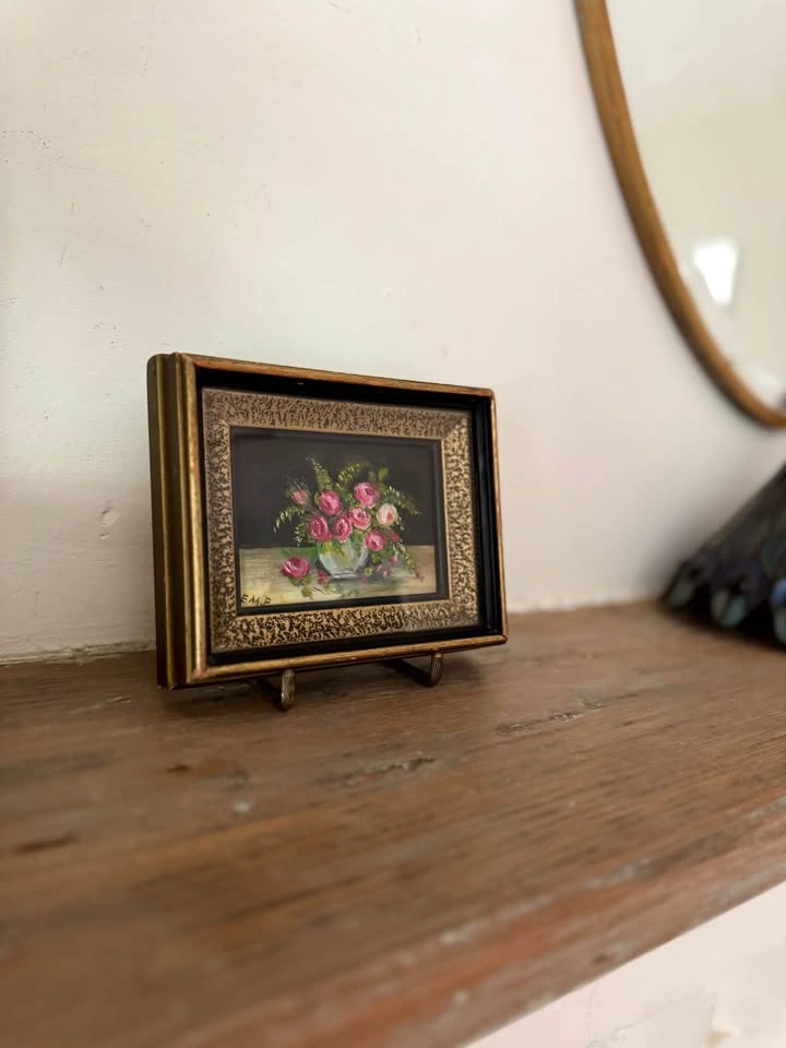 Vintage Original Floral Oil Painting – Miniature Framed Artwork - photo 3