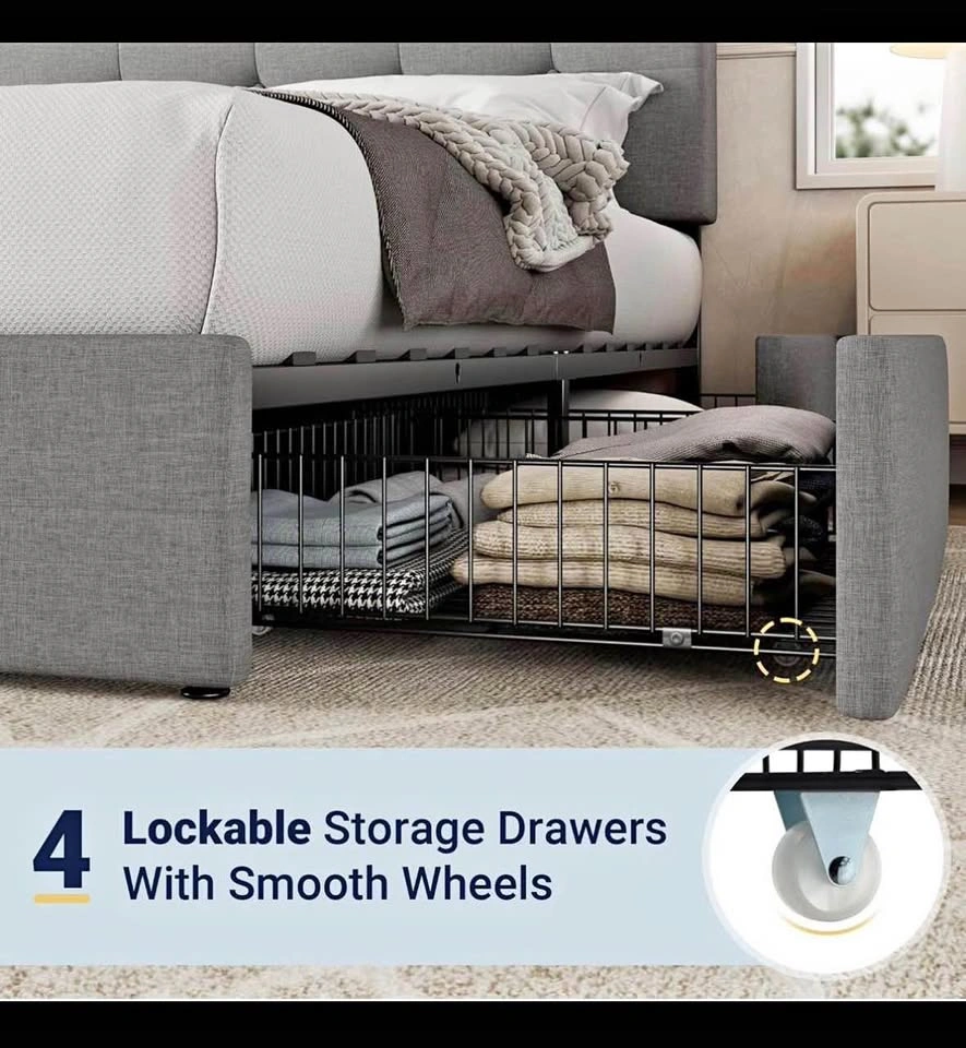 Queen Size Grey Upholstered Bed Frame w Storage Drawers