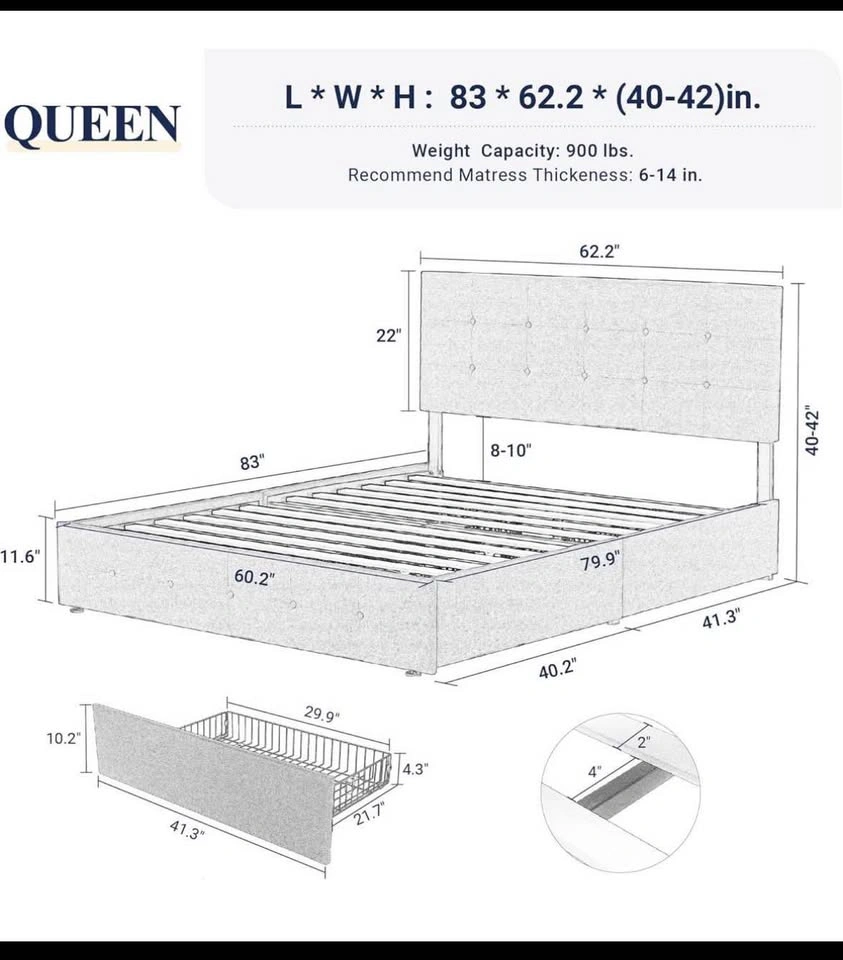 Queen Size Grey Upholstered Bed Frame w Storage Drawers - photo 2
