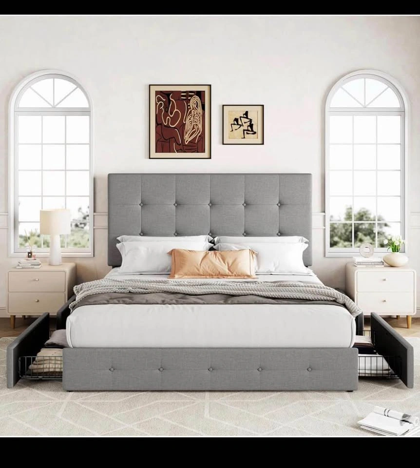 Queen Size Grey Upholstered Bed Frame w Storage Drawers - photo 3