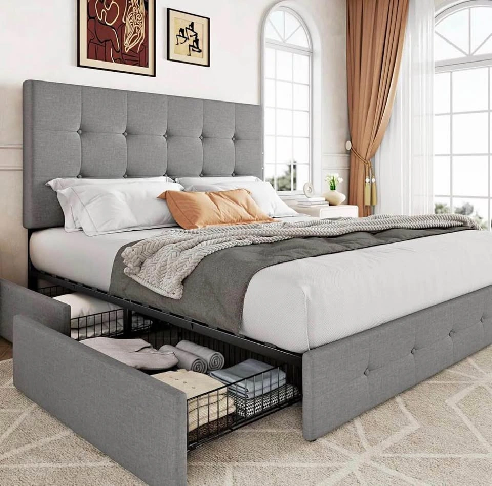 Queen Size Grey Upholstered Bed Frame w Storage Drawers - photo 4