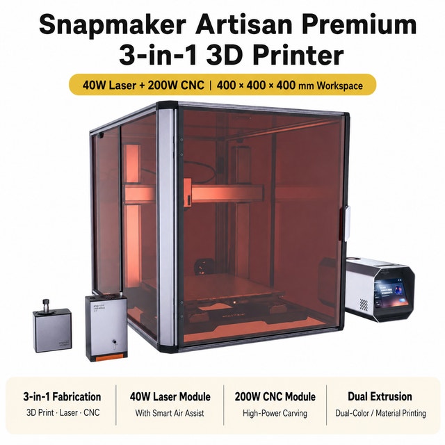Snapmaker Artisan Premium 3-in-1 3D Printer, 40W Laser, 200W CNC