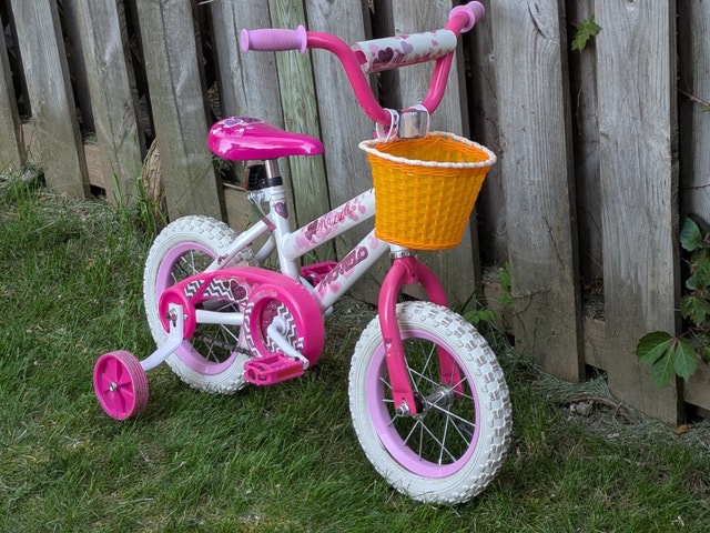 Girl's first bike, training wheels, handlebar, basket, pink seat - photo 2