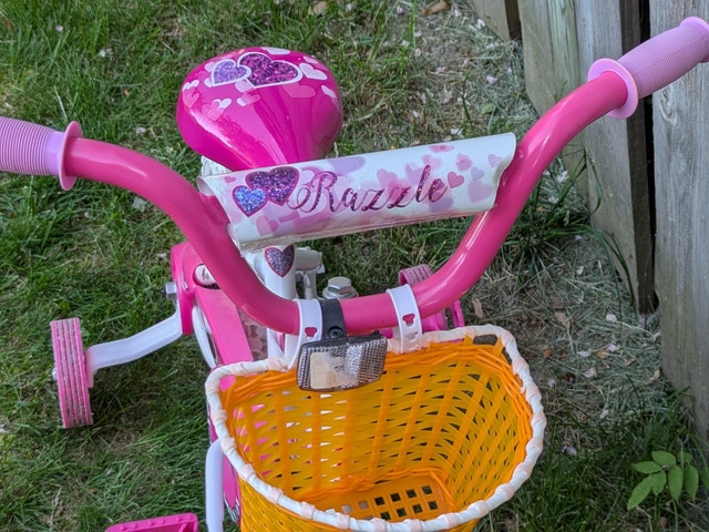 Girl's first bike, training wheels, handlebar, basket, pink seat - photo 3