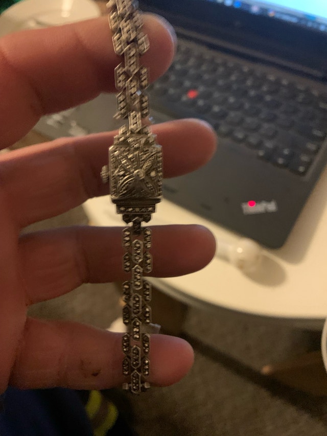 Antique Art Deco Bucherer Swiss Silver Marcasite Watch Bracelet