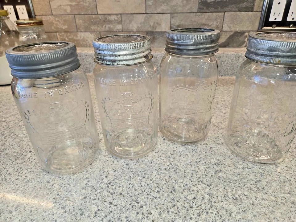 4 Vintage Canadian-Made Crown Canning Jars with Glass Lids