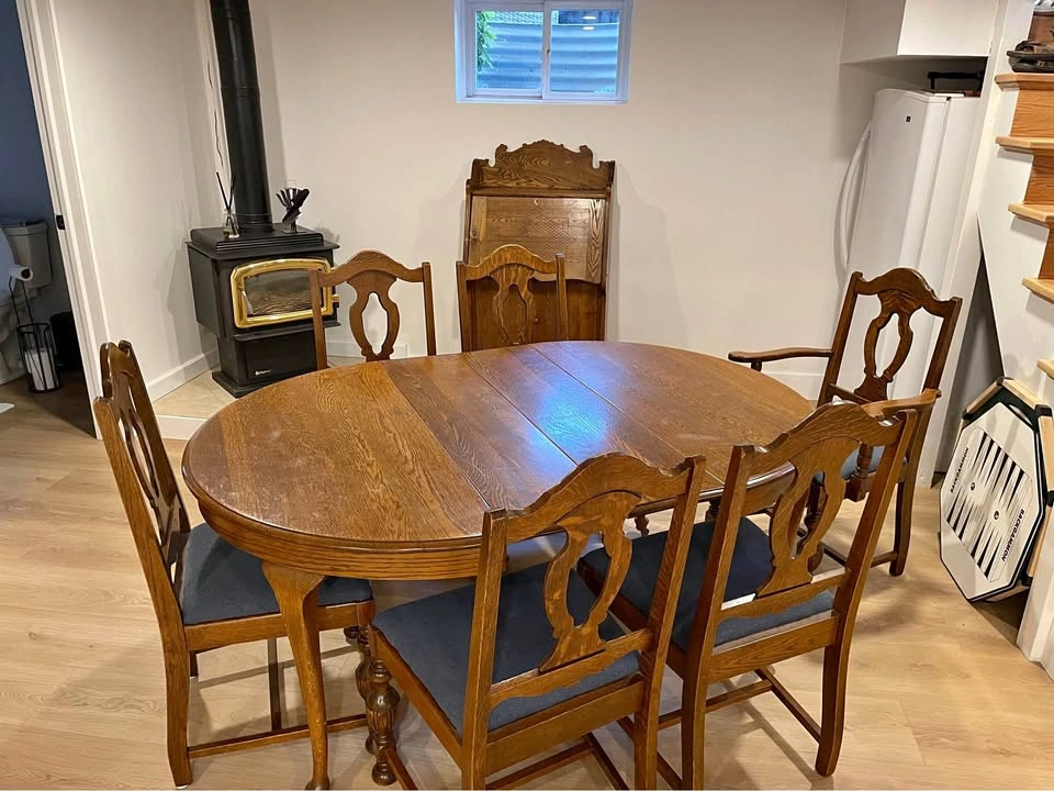 Solid Oak Dining Set with 6 Chairs and Secretary Desk