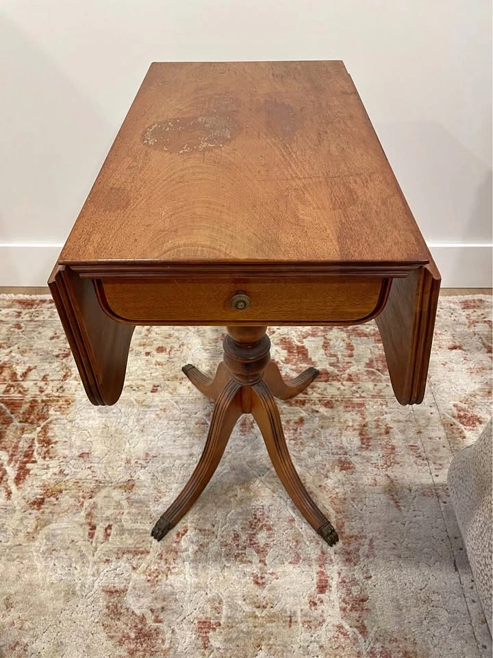 Vintage Wood Drop-Leaf Pedestal Side Table with Drawer