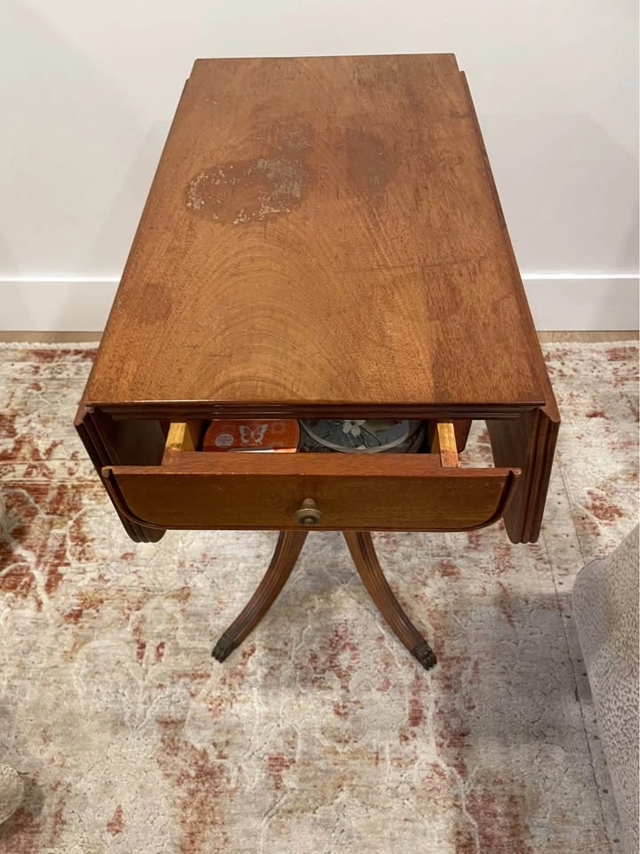 Vintage Wood Drop-Leaf Pedestal Side Table with Drawer - photo 2