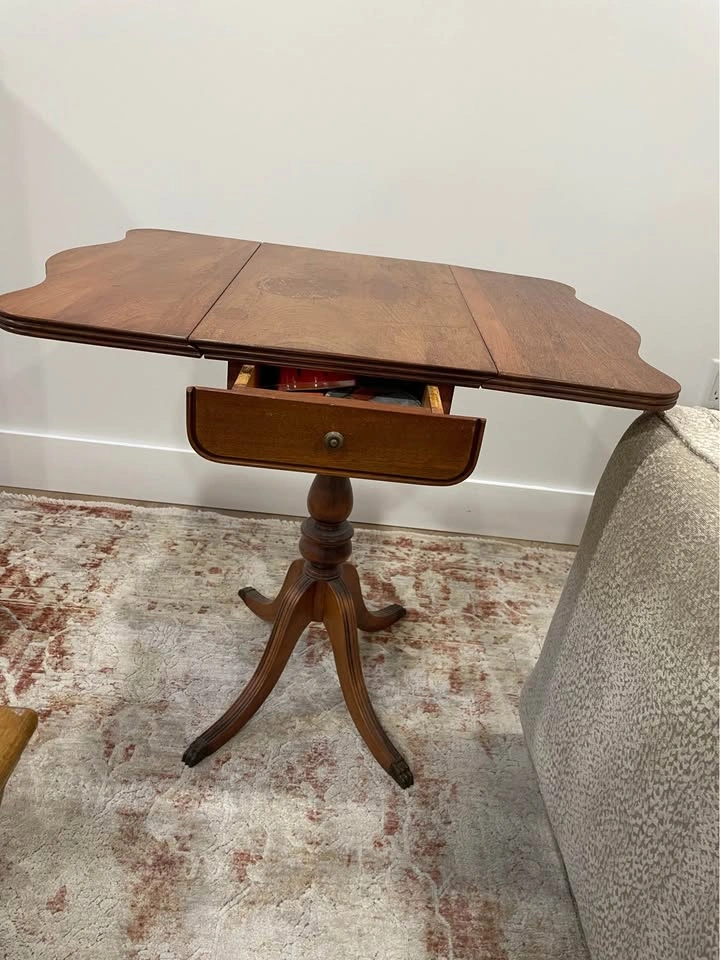 Vintage Wood Drop-Leaf Pedestal Side Table with Drawer - photo 4