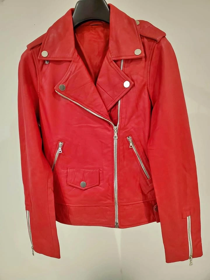 Women Original Sheep Leather Biker Jacket - Red SMALL SIZE