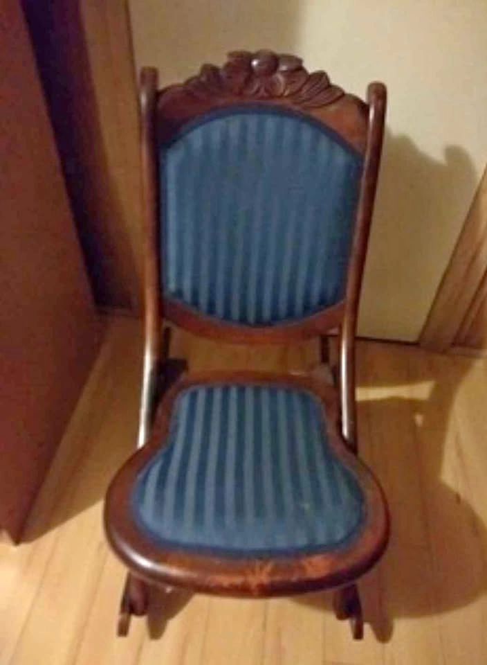 Vintage Carved Wood Rocking Chair with Blue Striped Upholstery