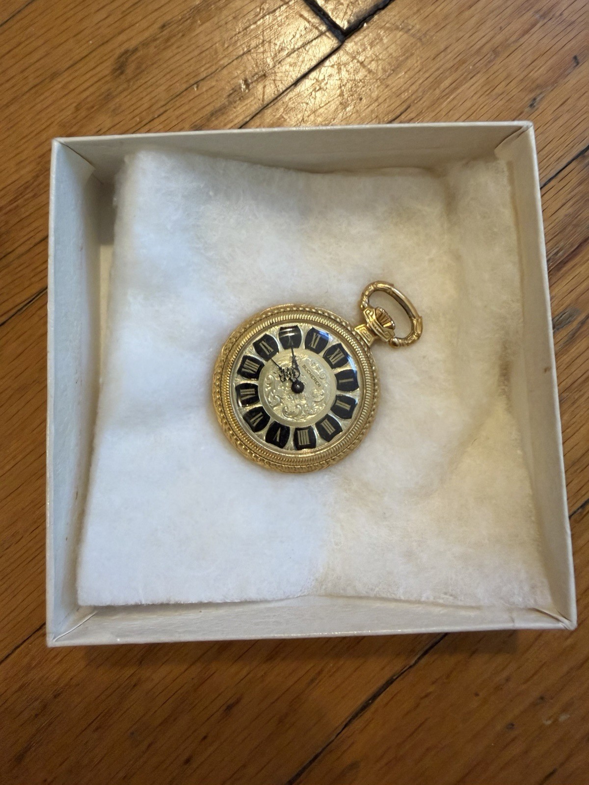 Bucherer Mechanical Pocket Watch Gold Case Silver Roman Dial
