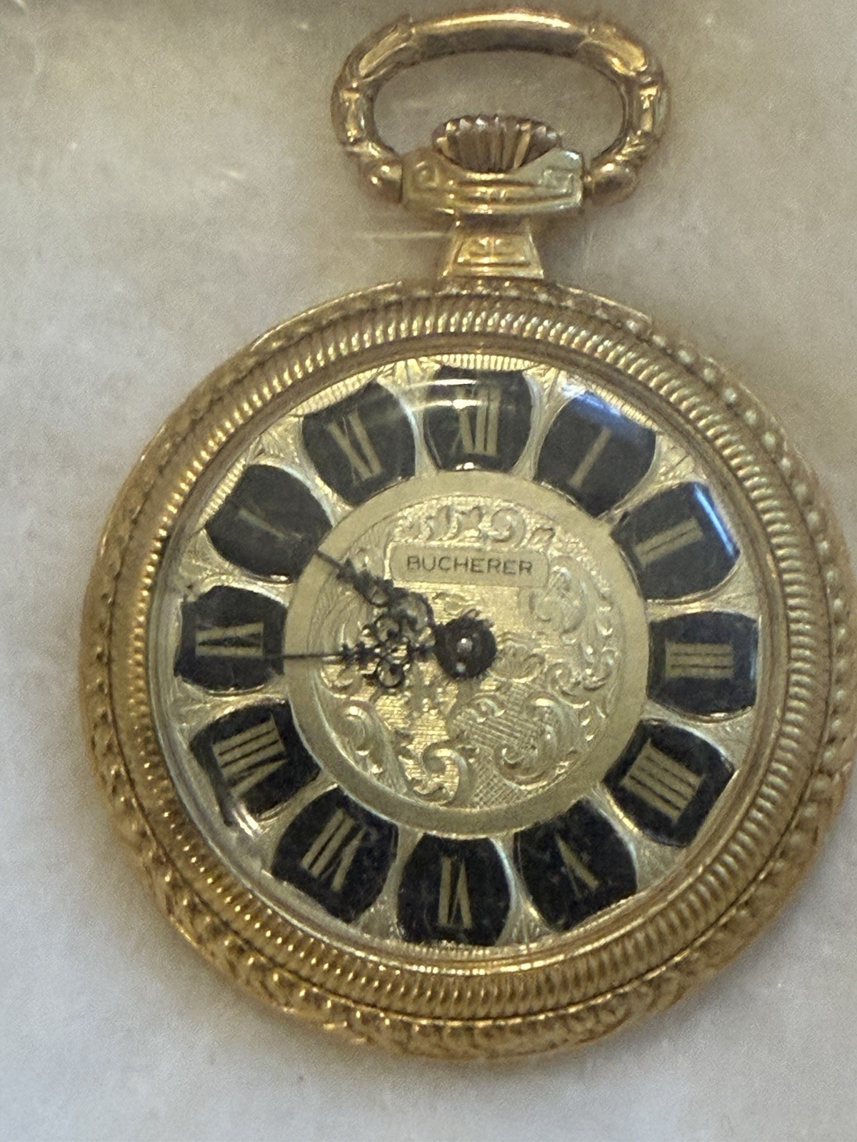Bucherer Mechanical Pocket Watch Gold Case Silver Roman Dial - photo 2