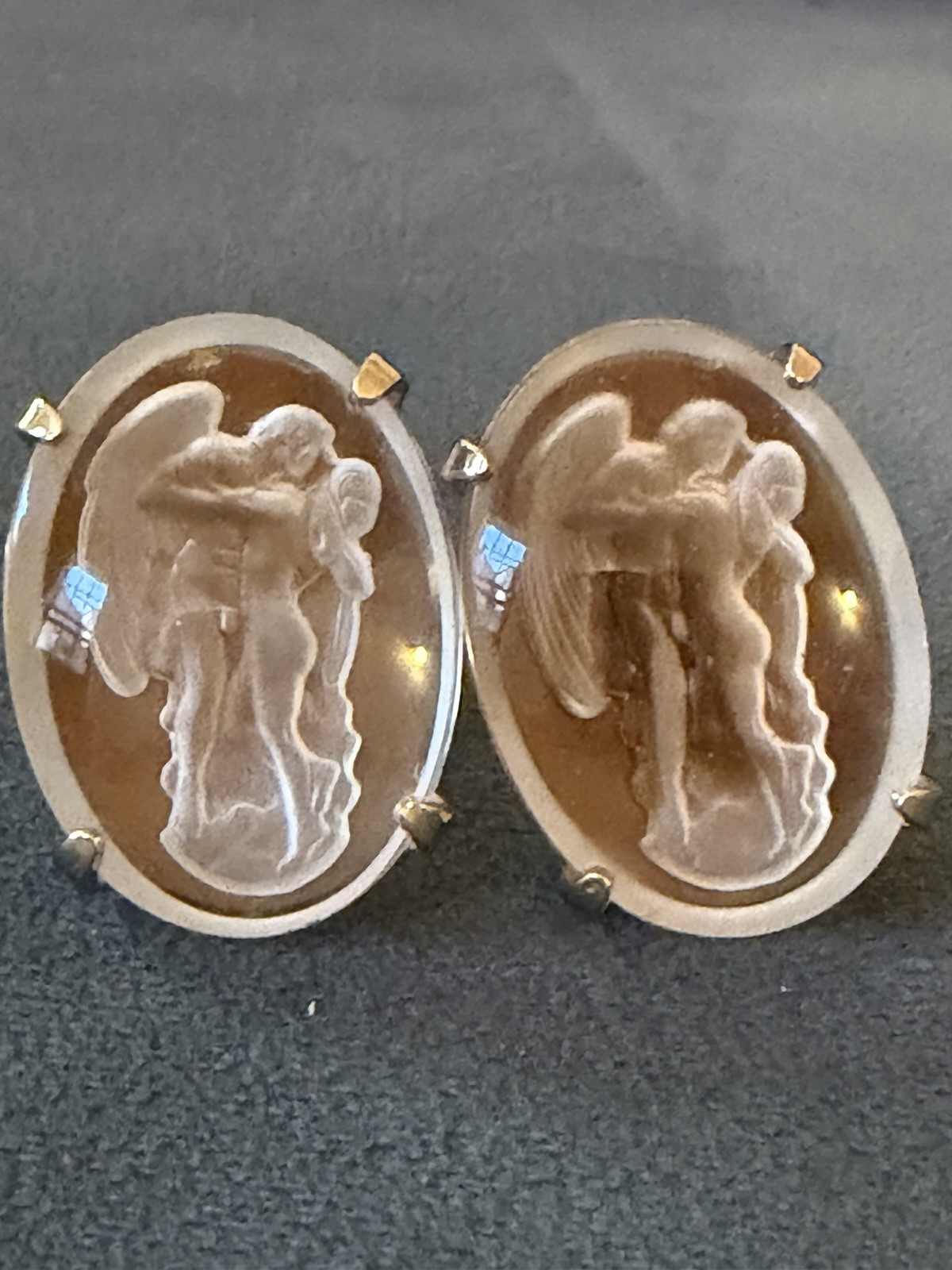 Gold Plated Oval Brown Agate Cameo Men’s Cufflinks Bullet Back P