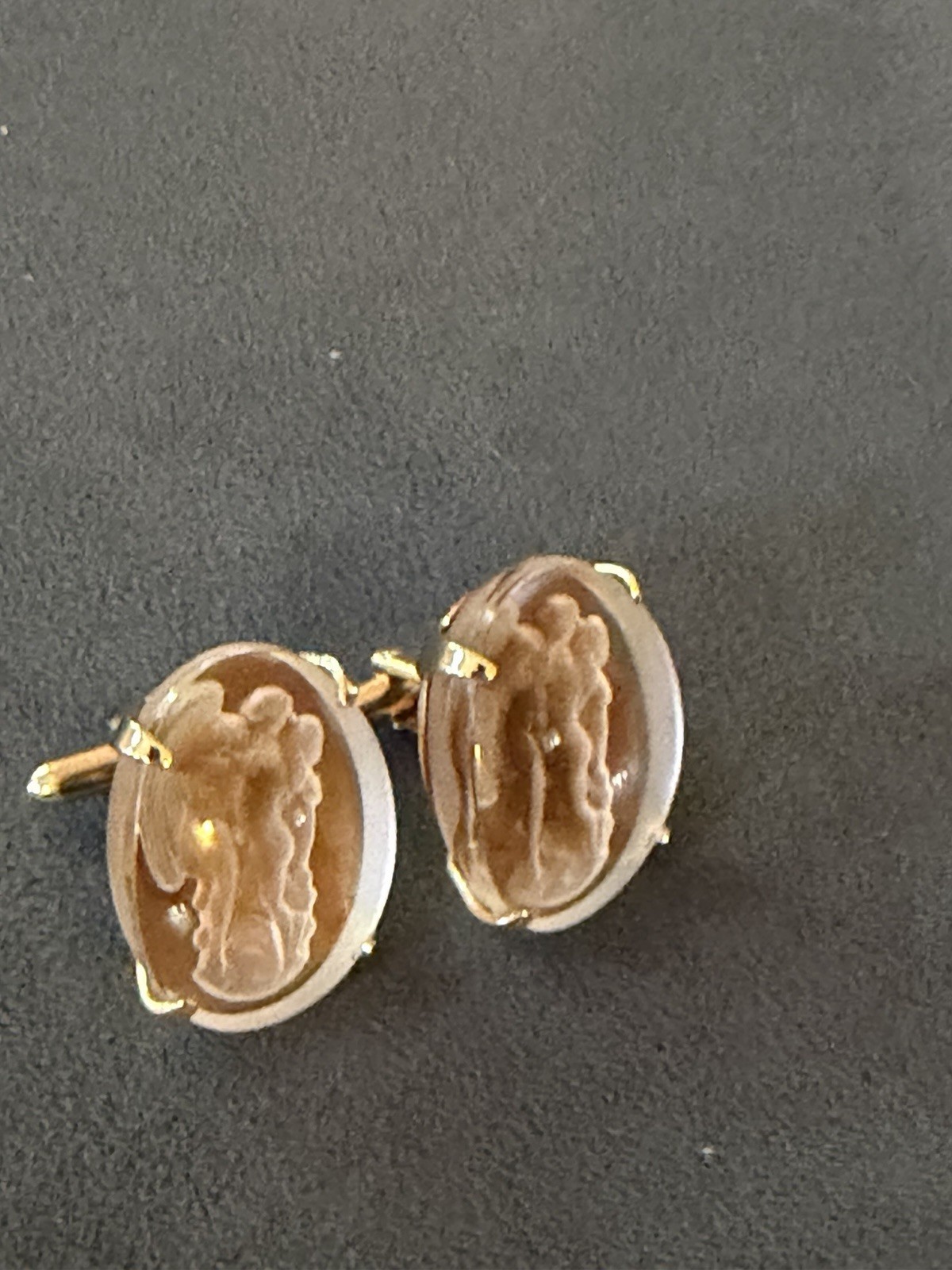 Gold Plated Oval Brown Agate Cameo Men’s Cufflinks Bullet Back P - photo 3