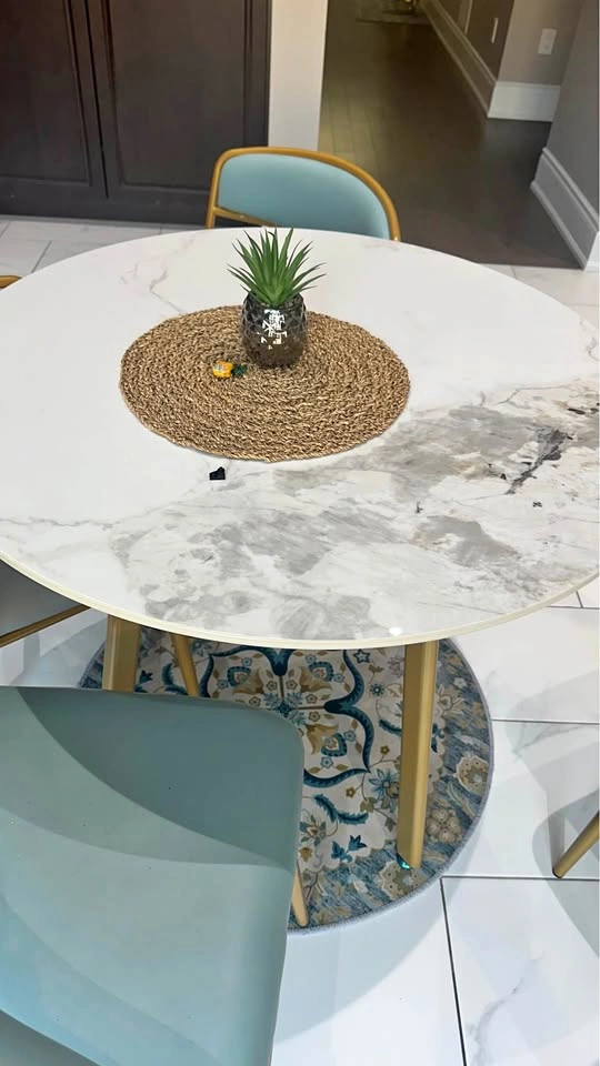 Round Faux Marble Dining Table with Gold Legs plus 4 chairs